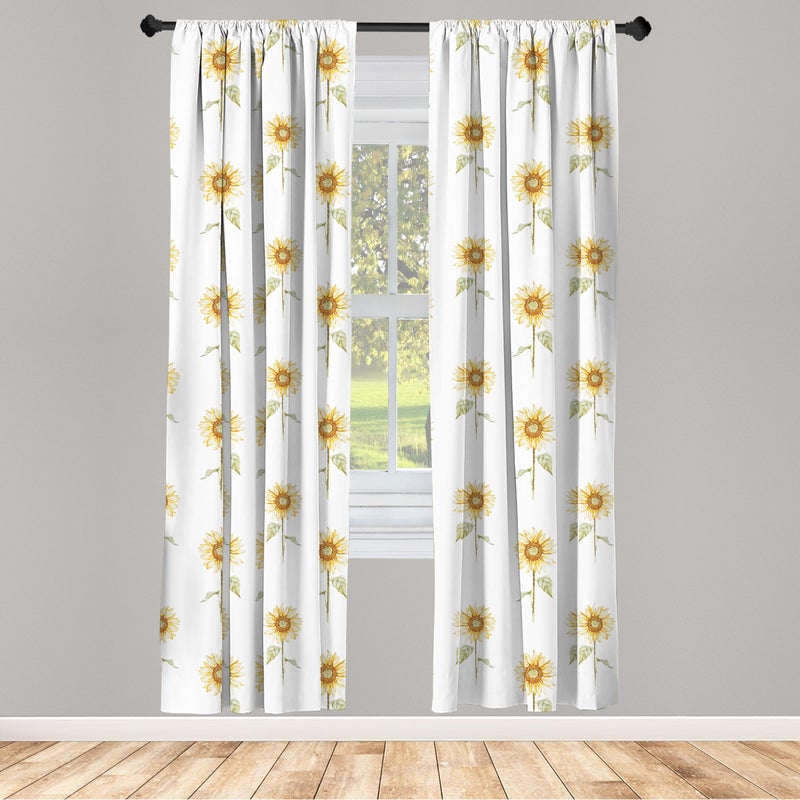 Lunarable Sunflower Window Curtains, Hand Drawn Floral Pattern Watercolor Effect Nature Illustration, Lightweight Decor 2-Panel Set with Rod Pocket, Pair of - 28" x 63", Green Ginger - Image 2